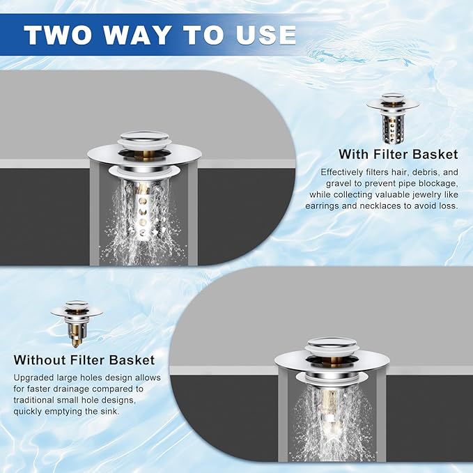 Upgraded Bathroom Sink Stopper, Sink Drain Strainer for 1.1-1.45 Inch, Brass Bullet Core, All Metal Cover, Pop Up Stainless Steel Drain Filter with Basket Hair Catcher, Round Design