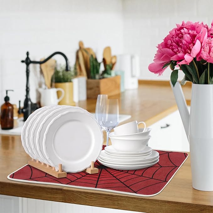 Dish Drying Mat for Kitchen Absorbent Drying Mat Reversible Dish Drying Pad Dish Drying Mats for Kitchen Counter Utensils Pots Water Cup Spiders Red Web
