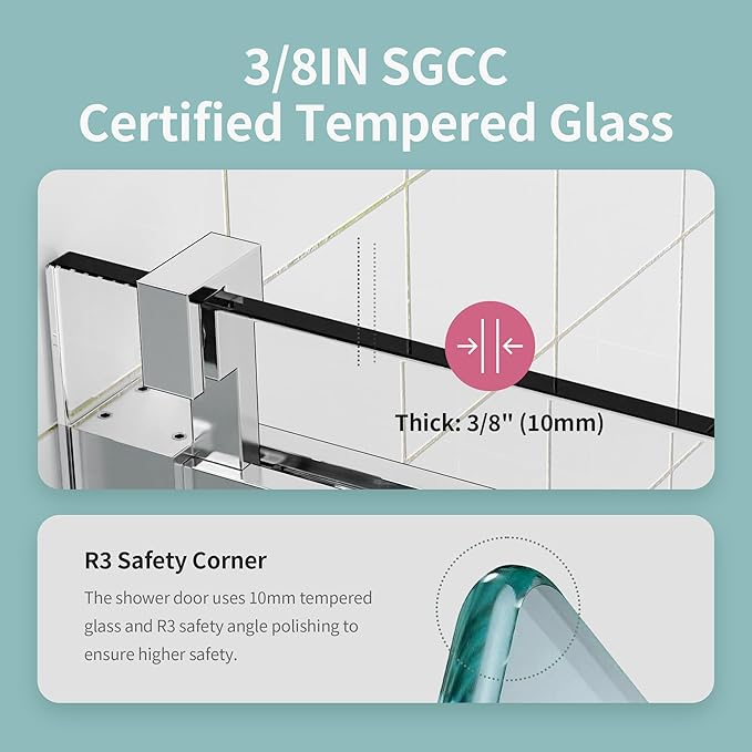 56-60" W x 76" H Frameless Soft-Close Sliding Shower Door, 3/8" (10mm) SGCC Tempered Glass, Reversible Install, Chrome Finish, Bathroom Upgrade