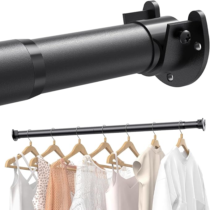 Closet Rods for Hanging Clothes, 17 to 39 Inches Stepless Adjustable Metal Closet Rod, 1.3 Inches Heavy Duty Clothes Hanging Rod for Closet Wardrobes Laundry RV, Black