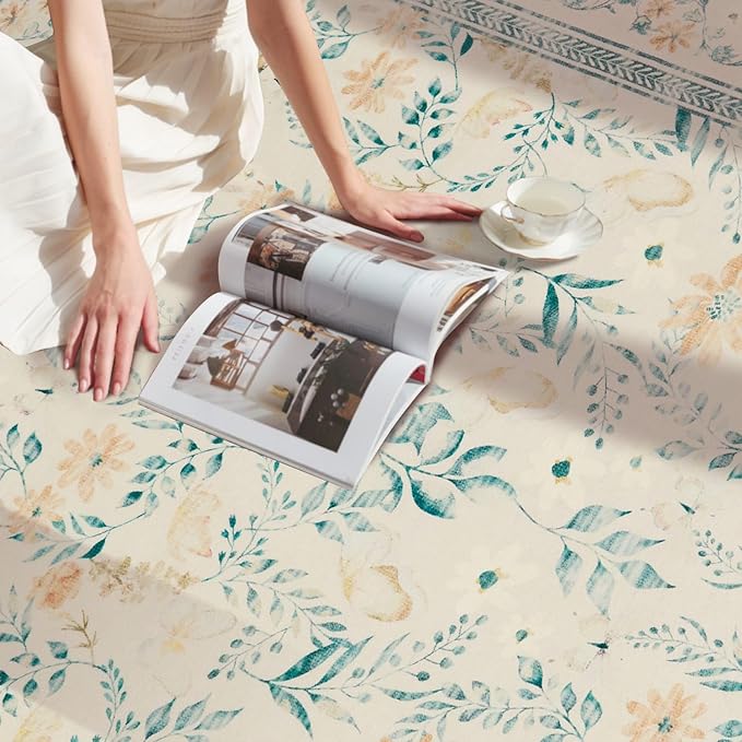 Floral Rug for Living Room Bedroom, 8x10 Washable Rug, Vintage Boho Area Rug, Large Non Slip Low Pile Wool Carpet for Indoor Dining Room,Girls Room,Nursery Room and Kids Room(Ivory Green 8x10)