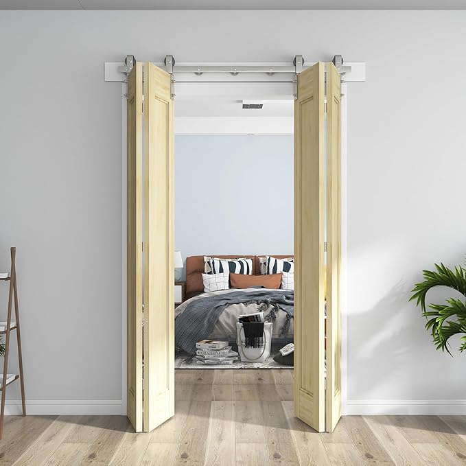 60'' Bi-Fold Sliding Barn Door Hardware Track Kit for Four 14'' Doors,Side Mount Installation,Heavy Duty Roller,Smoothly and Quietly - Brushed Nickel(Doors Not Included)