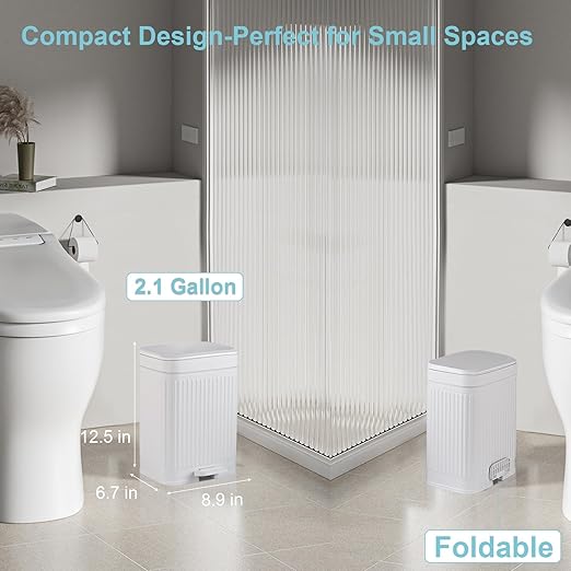 rejomiik Small Bathroom Trash Can with Lid 2.1 Gallon Soft Close Step Slim Garbage Can Waste Bin for Office, Bedroom, Kitchen, White