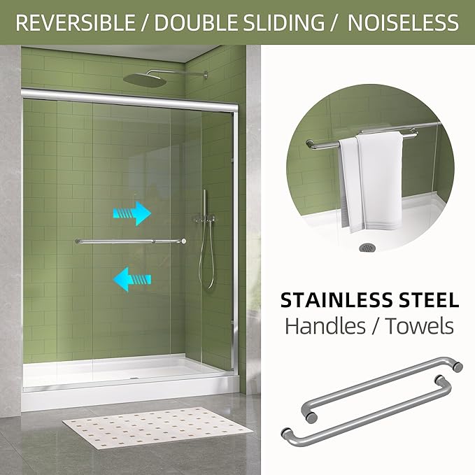 GETPRO Shower Door Double Sliding 56-60 in. W x 72 in. H Semi-Frameless Bypasss Bathroom Glass Shower Sliding Doors,1/4 inch Clear Tempered Glass Door for Walk-in Shower Chrome Finish