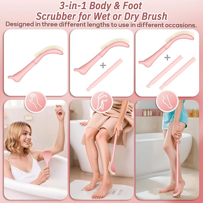 New Foot Brush & Foot File Set(2PCS), 3-in-1 Foot Scrubber in Shower, 10.2’’-27.5’’Adjustable Long Handle Foot Scrub Brush and Upgrade Foot File Callus Remover, Gift-Box Packed(Pink Set)