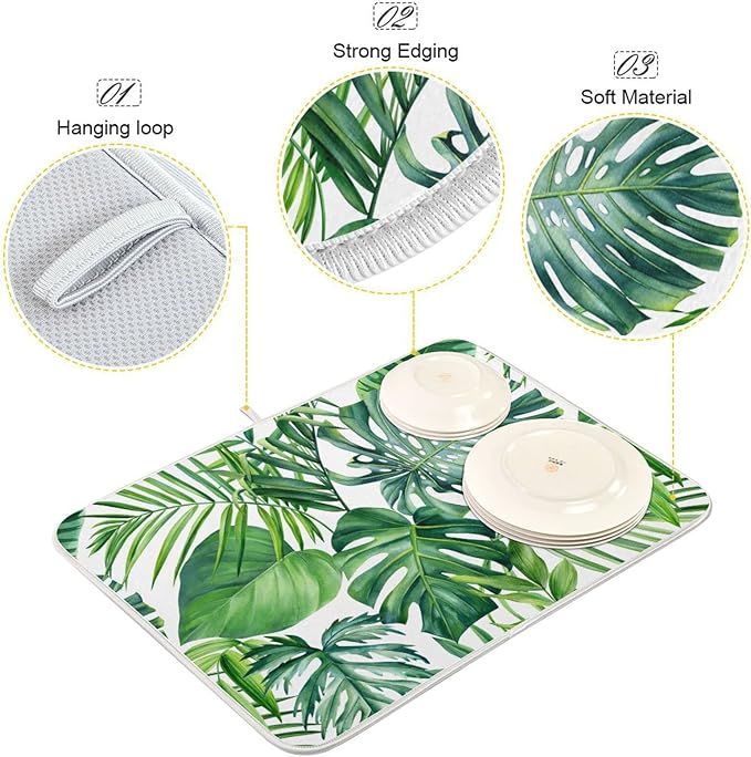 Tropical Palm Leaves Dish Drying Mat for Kitchen Counter Green Monstera Leaf Absorbent Microfiber Drying Pad, Medium 16x18 in, Reversible Drainer Mats