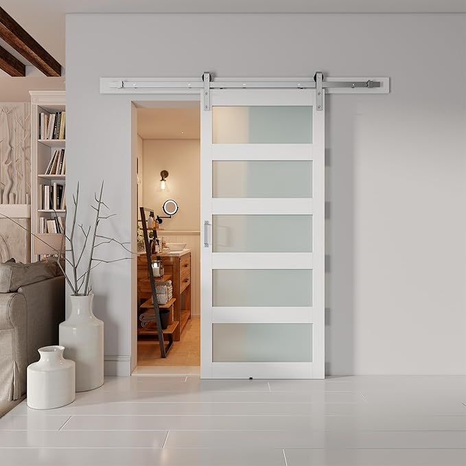 36'' x 84'' Glass Barn Door and 6.6 Ft Brushed Nickel Hardware Kit Included, MDF White Barn Door Slab with Frosted Glass, PVC Surface, Combined with Handle and Floor Guide-Assembly Required