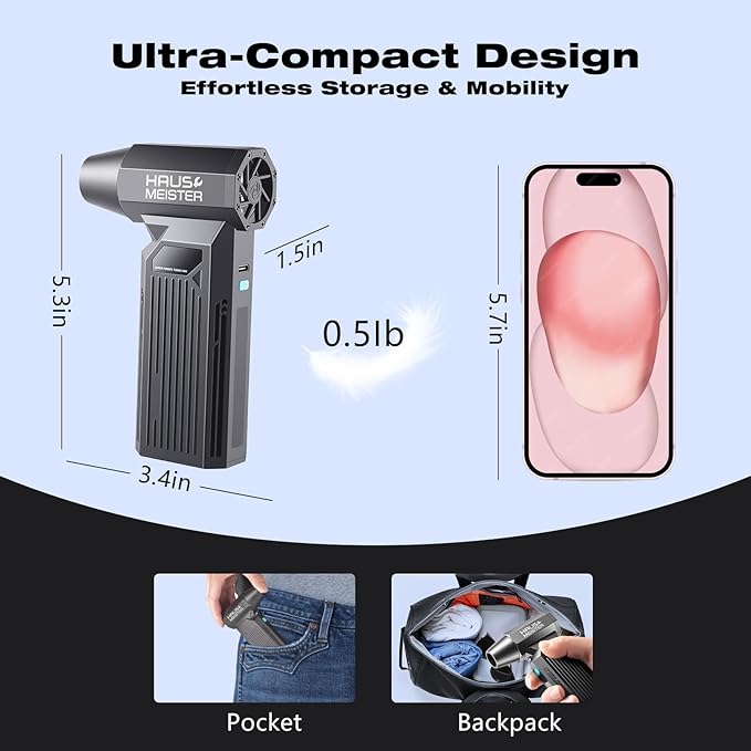 Electric Air Duster Rechargeable, HAUSMEISTER Airflex Turbo 150,000 RPM Compressed Air Blower for Heavy-Duty Car Detailing & PC, 5200mAh Cordless with Smart LED Display, 4-Gear