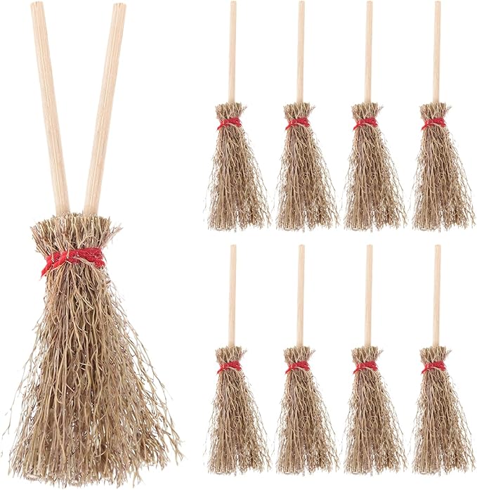 ULTNICE Mini Broom Hanging Witches Prop Broom with Rope Straw Broom Wizard Decor 12pcs
