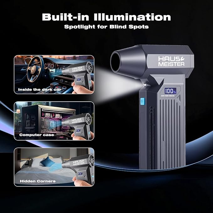 Electric Air Duster Rechargeable, HAUSMEISTER Airflex Turbo 150,000 RPM Compressed Air Blower for Heavy-Duty Car Detailing & PC, 5200mAh Cordless with Smart LED Display, 4-Gear