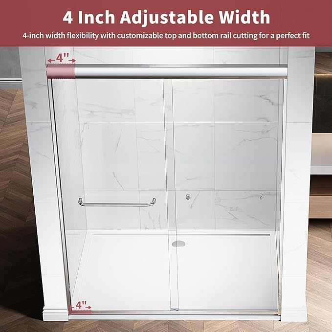 56-60" W x 72" H Semi-Frameless Double Sliding Glass Shower Door, 1/4" (6mm) Clear Tempered Glass, Bypass Sliding Shower Door for Bathroom, Easy to Clean (Chrome, 60" W x 72" H)