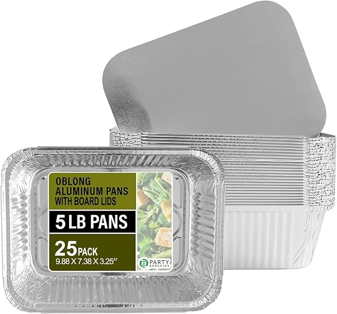 PARTY BARGAINS 5 Lb. Aluminum Foil Pans with Lids - 25 Count Set with Board Lids, 9 x 7 Inches Oblong Pan Food Container for Hot and Cold Use (Max 240°C)