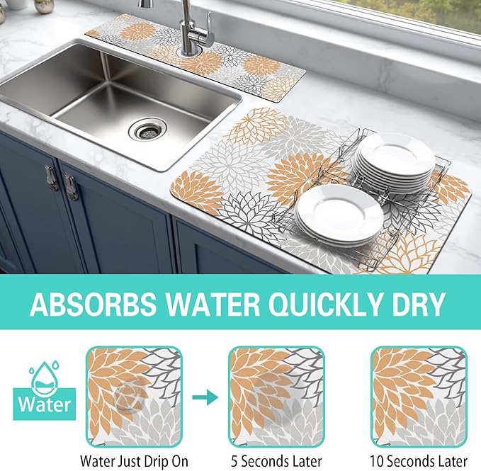 Dish Drying Mat for Kitchen Counter Matt, 2PCS 23"x15" Dish Drainer Mat & 24"x5.5" Sink Splash Guard, Super Absorbent Non-slip Rubber Backed