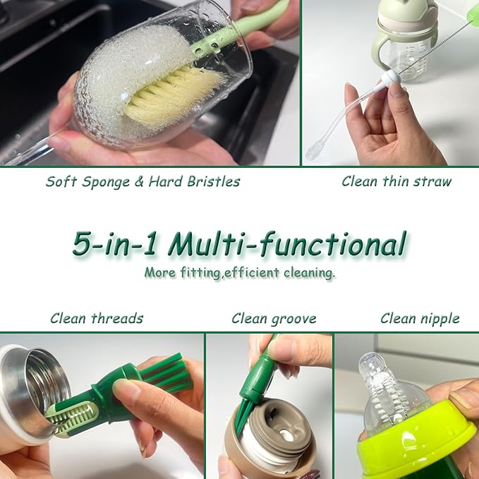 5 in 1 Bottle Cleaning Brush Set, Multifunctional Cleaning Brushes, 5 in 1 Bottle Brush, Cup Lid Clean Brushes, Straw Cleaner, Detail for Baby Bottle Nipple, 2 Pack Set