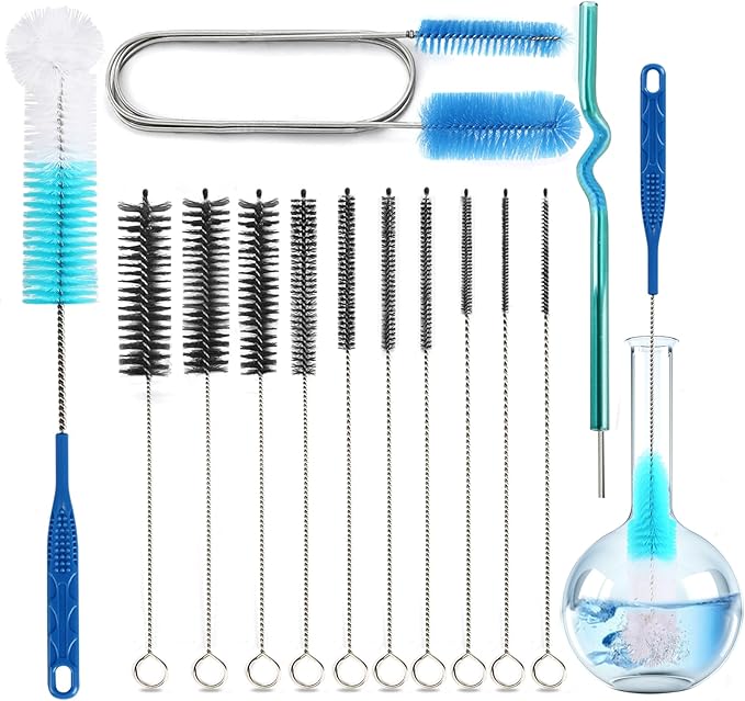 12 Pack Glass Tube Pipe Cleaner Set, 17 Inch Long Handle Nylon Brush for Neck Bottle, 8.2 Inch Various Diameter Tube Straw With Hook, 35 Inch Flexible Double Ended Hose Cleaner