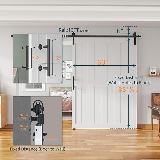 60''x 84'' Sliding Barn Door with 10 Ft Barn Door Hardware Kit& Handle& Floor Guides,Pre-Drilled Holes Easy Assembly - Include Installation Manual, Water-Proof PVC Surface, H-Frame, White