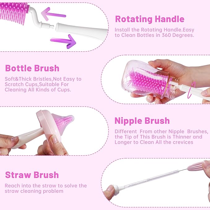 Bottle Brush Set,Travel Bottle Cleaner Kit with Baby Bottle Brush,UV Light,Straw Brush,Nipple Brush,Bottle Drying Rack for Home and Travel