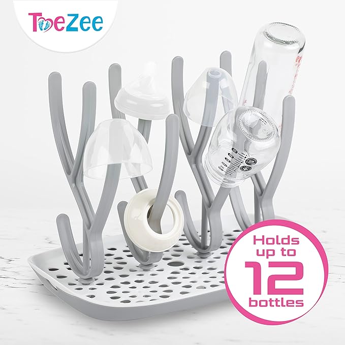 Baby Bottle Drying Rack Space Saving Countertop Baby Bottle Holder, Drying Rack for Baby Bottles Accessories - Stores Up to 12 Bottles, Dishwasher Safe (Gray)