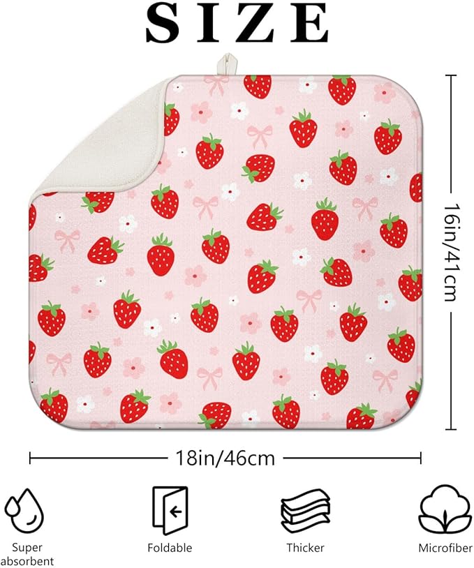 Strawberry Dish Drying Mat for Kitchen Counter,Pink Cute Floral Bow Microfiber Drying Mat,Washable Absorbent Kitchen Countertop Dish Draining Mat,16×18Inch