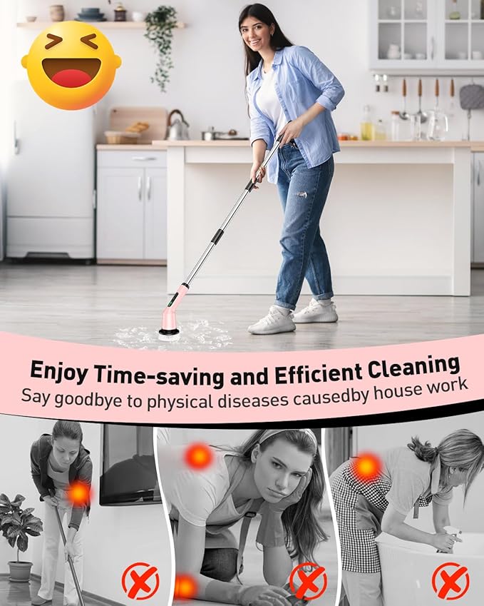 Electric Spin Scrubber for Cleaning Bathroom, Shower Scrubber Cordless Cleaning Brush with IPX7 Waterproof & 2 Speed, 3 Brush Heads, Bathroom Cleaning Supplies for Shower Tub Kitchen Tile Toilet Pink
