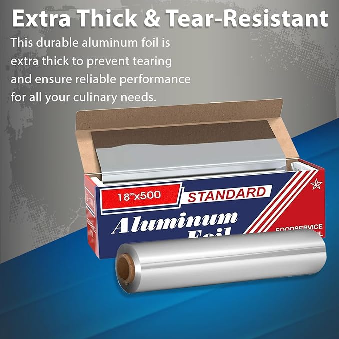18" x 500" (1 Pack) Standard Aluminum Foil Roll - Food Service Aluminum Roll - Commercial Grade Disposable Foil Roll for Food Service Industry and Home Use