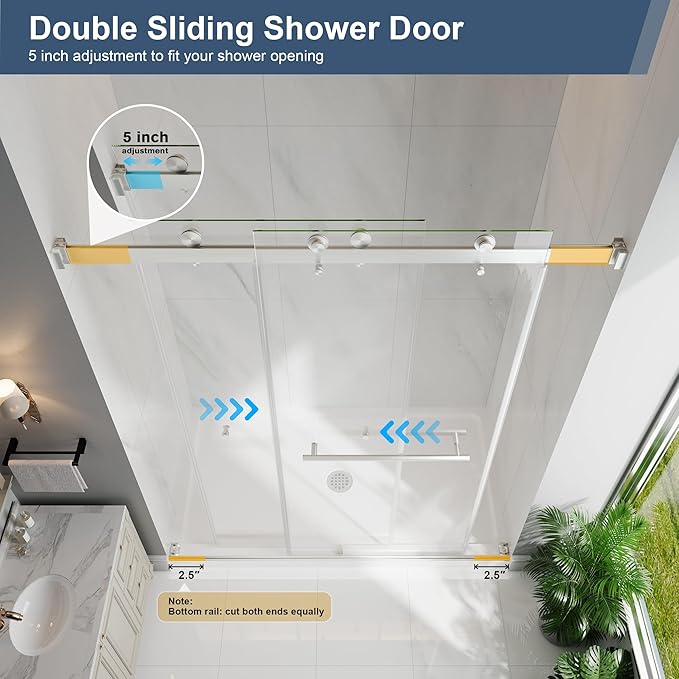 Frameless Double Sliding Shower Doors, 43-48" W x 76" H Shower Glass Door, 1/4" (6mm) Thick ANSI Certified Tempered Glass with Explosion-Proof Film and Nano Coating, Brushed Nickle