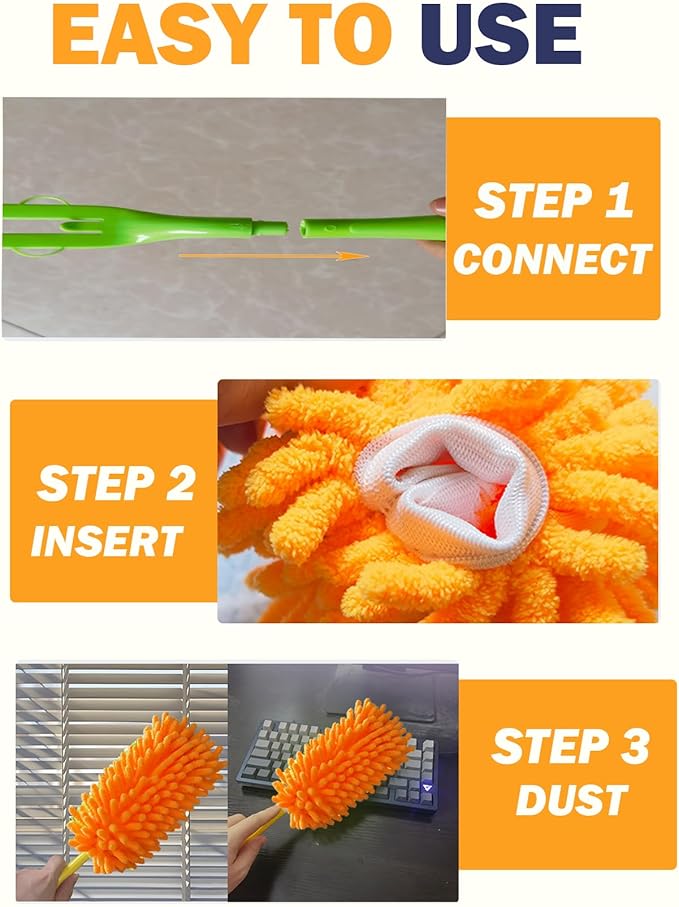 Duster Refill for Swiffer Duster, Reusable Duster Refill Compatible with Swiffer Hand Duster, 360° Heavy Duty Washable Microfiber Dusters for Cleaning, 6 Pack & 1 Handle, Orange