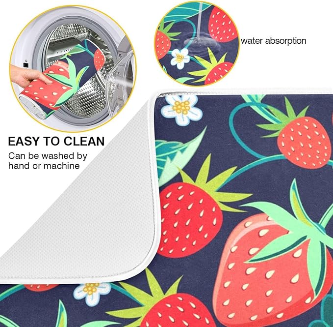 Tarity Green Leaves Red Strawberries Dish Drying Mat for Kitchen Counter Absorbent Heat Resistant Microfiber Dishes Drainer Mat 18x24 in Large Dish Pad Sink Mat Protective Pad Kitchen Decor