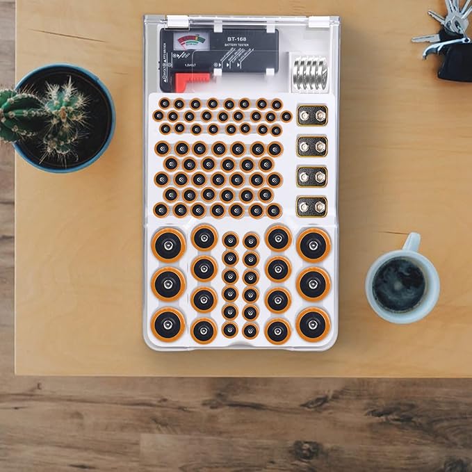 Battery Organizer Storage Box with Tester,Clear Lid Battery Organizer Storage Case Holder Holds 93 Batteries Battery Storage Box Battery Carrying Case（Batteries are Not Included）