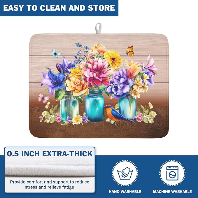 Spring Colorful Flowers Dish Drying Mat for Kitchen Counter,Vintage Plants Mason Jar Butterflies Drying Mat 18 x 24 Inch with Absorbent Reversible Microfiber Dish Drying Pad for Coffee Bar