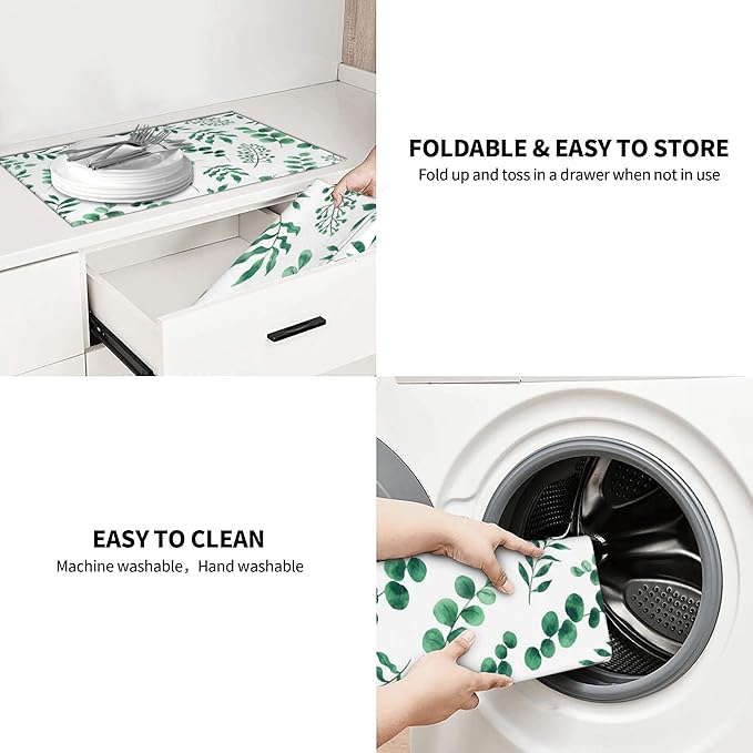 Watercolor Plant Green Leaves Dish Drying Mat for Kitchen Counter, 18"x24" Microfiber Absorbent Fast Dry Mat, 2Pcs Dish Mat Faucet Mats Sets, Large Drying Kitchen Mat Kitchen Drying Pad