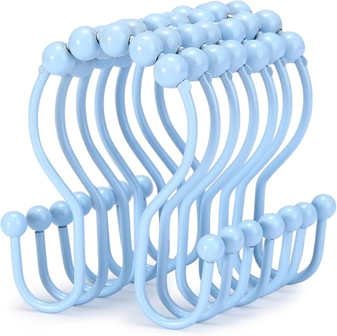 Goowin Shower Curtain Hooks, 12 Pcs Shower Curtain Rings, Stainless Steel Shower Curtain Hangers, Double Hook Shower Curtain Hooks, Smooth Sliding Anti-Drop Shower Rings for Curtain (Blue)