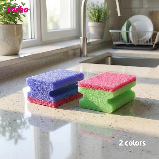 Sorbo Scouring Sponges, Non-Scratch Extra Grip and Super Absorbent Cleaning Scourers Ideal for Home and Kitchen Cleaning, Each Pack Includes 6 scourers in Assorted Colours