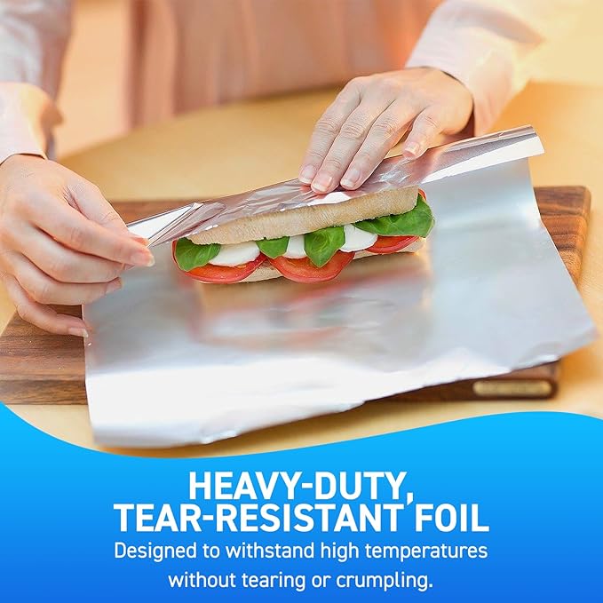 500 Count Pre-Cut Aluminum Foil Sheets, 12” Heavy Duty Pop Up Foil Sheets for Home Restaurants, Disposable Food, Temperature Resistant Non-Stick, Tin Foil Sheets for Burrito, Hot Dog or Sandwich Wrap