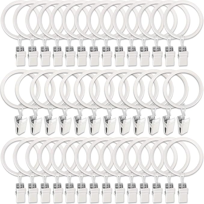 40 Pack Metal Curtain Rings with Clips, Drapery Clips Hooks, Decorative Curtain Rod Clips 1.5 in Interior Diameter, Rustproof White