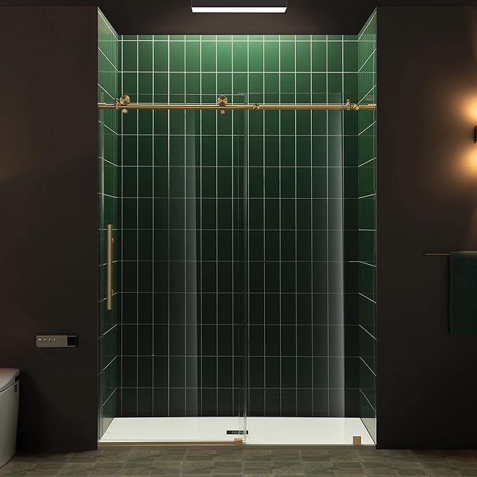 Woodbridge 57.5-60" W x 80" H Frameless Single Sliding Soft-Close Shower Door with Tempered Glass & Explosion Proof Film in Brushed Gold Finish