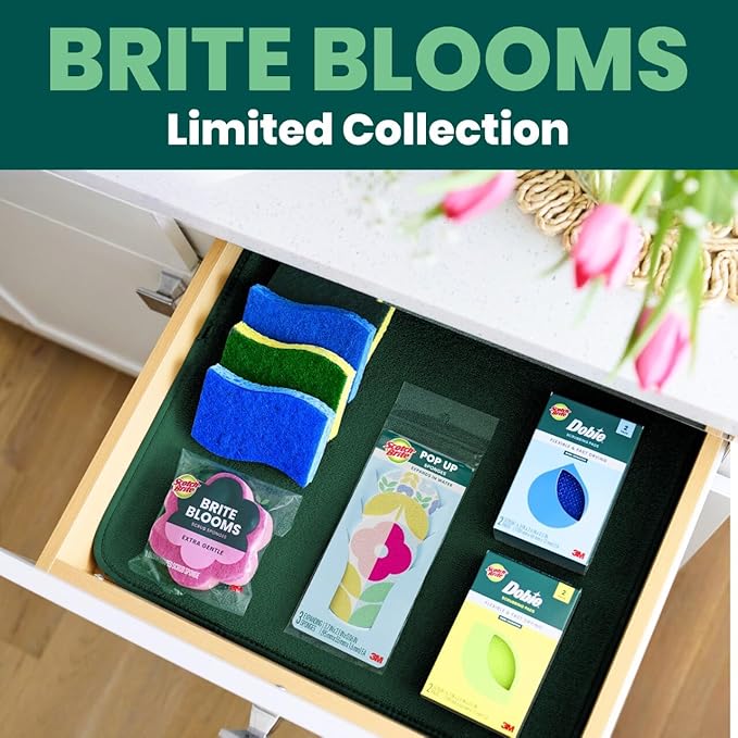Scotch-Brite Brite Blooms Extra Gentle Scrub Sponge, Dishwasher-Safe Kitchen Sponge for Cleaning Delicate Surfaces, Pink Spring Flower Dish Sponges Made with 100% Recycled Fibers