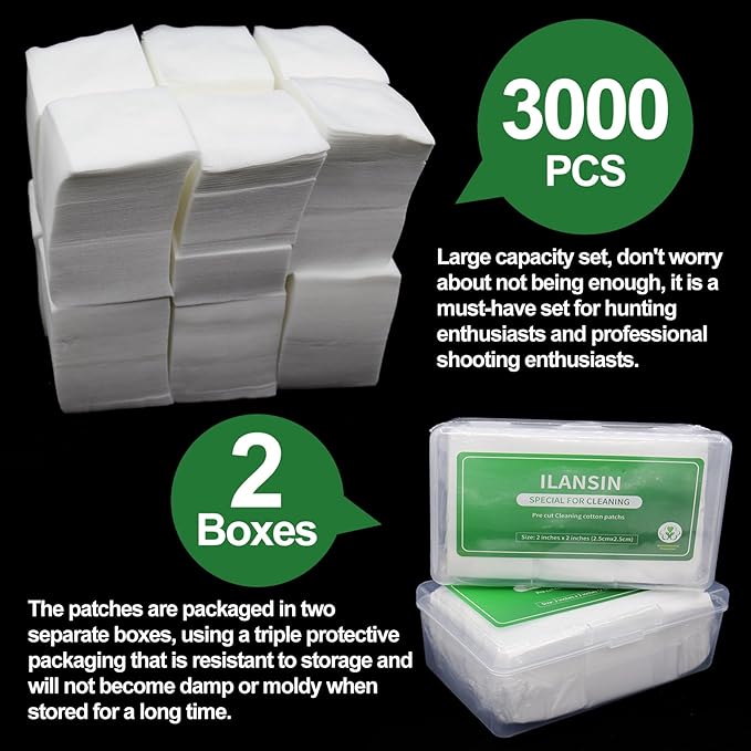 3000/1500PCS Gun Cleaning Patches+CLP Oil,2"x2" Lint Free Gun Cleaning Cloth,Professional Wipes for Shot Pistol/All Caliber of Firearms.Store in Box Can Store Gun Cleaning Kit,Choose Your Set
