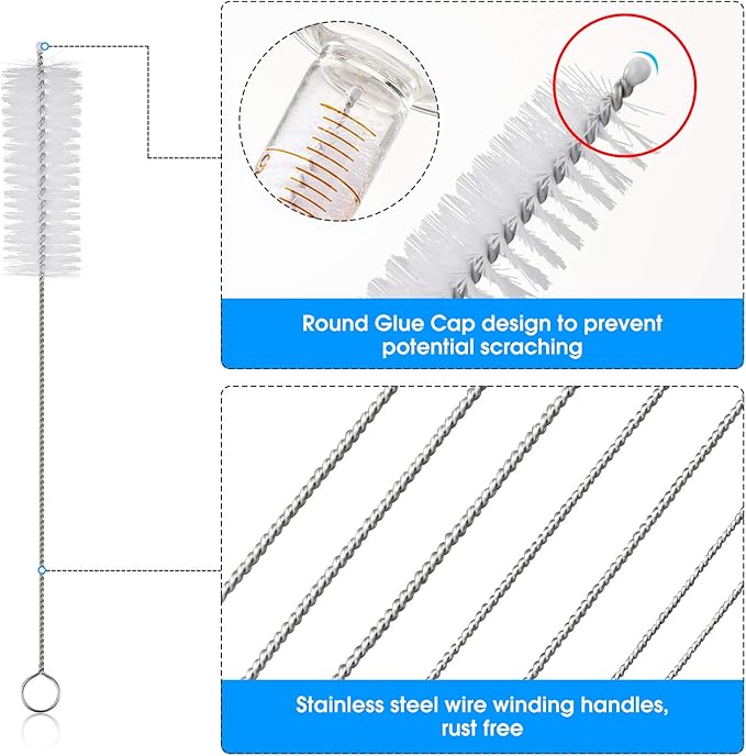 10 Piece Stainless Steel Straw Cleaning Brush Set - Durable Nylon Bristles - Multi-Size for Reusable Straws, Sippy Cups, and Narrow Neck Containers