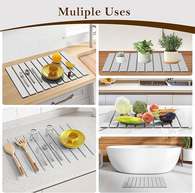 Stone Dish Drying Mats for Kitchen Counter-23.6“x 15.3”Eco-Friendly,Foldable quick dry stone mat kitchen,Absorbent Diatomaceous Earth Mats for Dishes Bottles Cups Bathroom Any Countertop-Light Gray