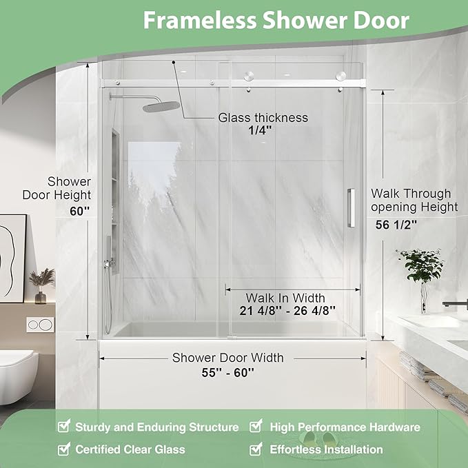 KPUY Frameless Sliding Bathtub Door, 55-60" W x 60" H Tub Shower Door, 1/4" (6mm) Thick Tempered Clear Glass with Explosion-Proof Film Nano Coating, Brushed Nickel