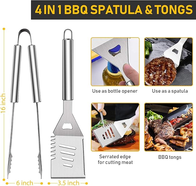 34Pcs Grill Accessories Grilling Gifts for Men, 16 Inches Heavy Duty BBQ Accessories, Stainless Steel BBQ Tools with Thermometer, Grill Mats for Backyard, BBQ Set for Men Women
