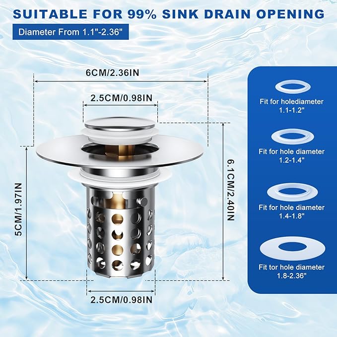 Upgraded Bathroom Sink Stopper, Sink Drain Strainer for 1.1-1.45 Inch, Brass Bullet Core, All Metal Cover, Pop Up Stainless Steel Drain Filter with Basket Hair Catcher, Round Design