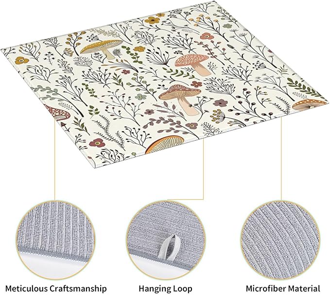 Cute Mushrooms Dish Drying Mat 16x18 inches Microfiber Absorbent Fast Dry Mat for Kitchen Counter Coffee Bar Mushrooms Plants Large Drying Mat Kitchen Decor Gifts (Cute Mushrooms, 16x18 inches)