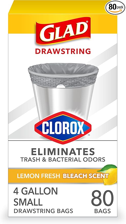 Glad Small Trash Bags 4 Gallon, Lemon Fresh Bleach Garbage Bags, Odor Resistant with Drawstring, 80 Count