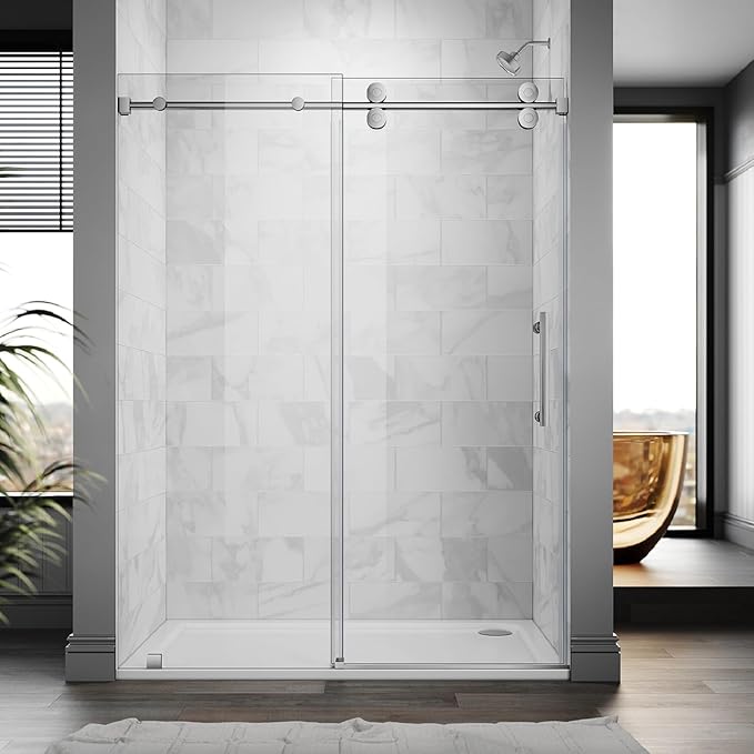 56-60 Inch x 84 Inch Sliding Frameless Shower Door, 3/8" Tempered Glass with Easy-Cleaning Coating, Stainless Steel Rollers & SGCC-Certified Stability, Bright Chrome