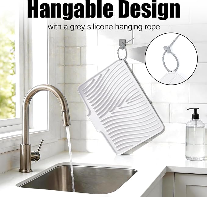 Silicone Dish Drying Mat for Kitchen Counter, Non-Slip Drain Pad with Built-in Drain, Dish Drying Pad, Large Heat Resistant Stone Drying Mat(White 16" x 12")