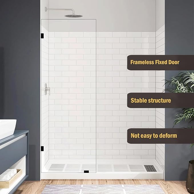 28" W x 78" H Frameless Shower Glass Panel, Single Fixed Shower Panel Screen with Clamps, 5/16"(8mm) Clear Tempered Glass, Bathroom Shower Doors Fixed Shower Glass Door Panel in Matte Black