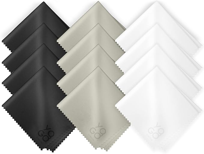 Microfiber Cleaning Cloth 12-Pack Individualy Packed (6"x 7") Glasses Cleaning Cloths for Eyeglasses Phone Computer Screen Laptop Camera Lenses (4 Black, 4 Grey, 4 White)