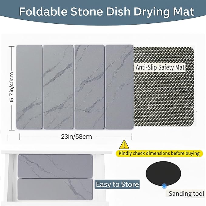 Large 4-Panel Stone Drying Mat for Kitchen Counter, 23"×16" – Fast Dry Diatomaceous Earth Dish Mat, Stable Hard Stone Pad for Dishes, Ice Maker & Air Fryer, Protects Premium Countertops